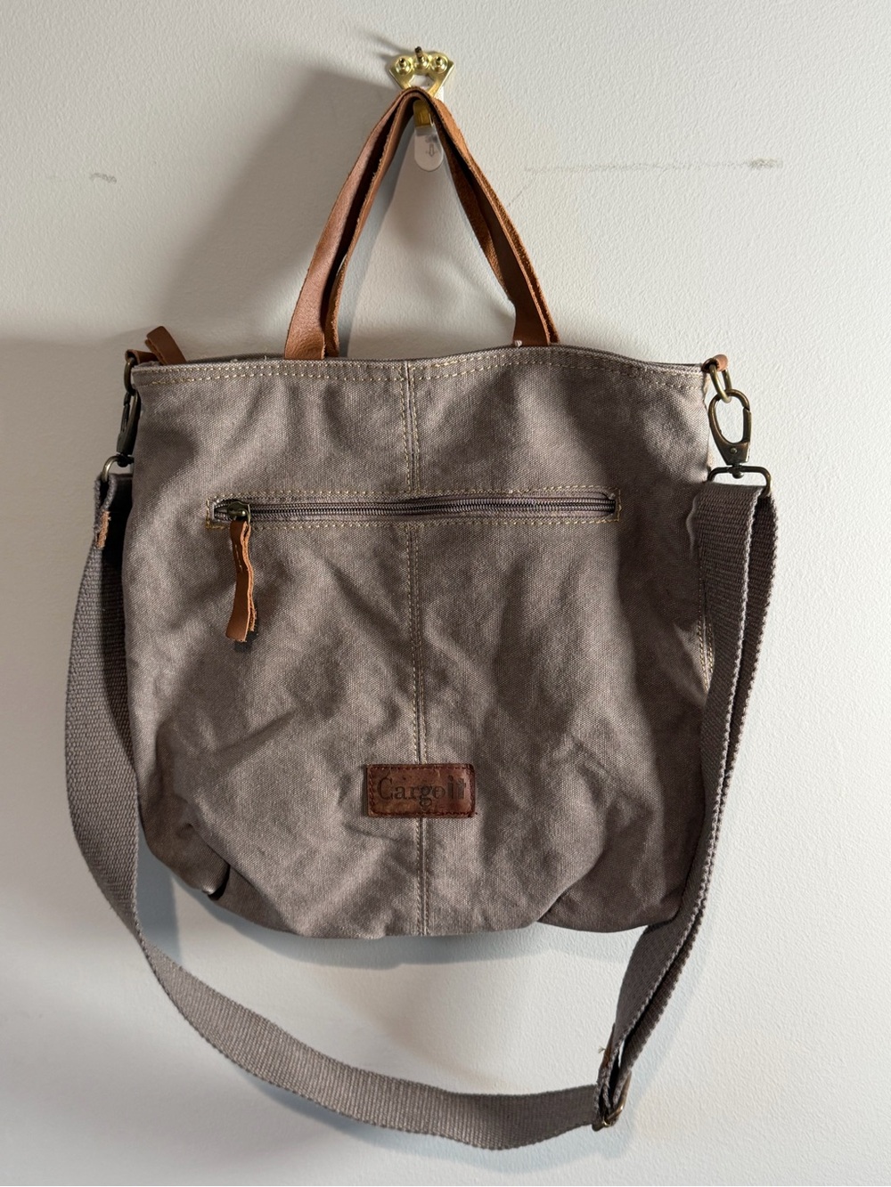 CargoIT Taupe Canvas Shoulder Tote Bag with Brown Leather Trim